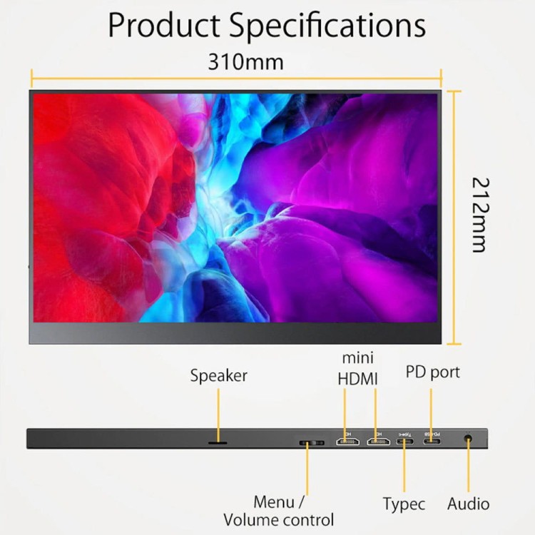 Przenośny monitor Pro-View, 14" PM1400-2K - specyfikacja,  przedstawienie portow oraz przycisków na obudowie