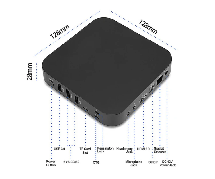 Mini komputer MINIX X35i PLUS MAX, RK3566 ARM Cortex-A55, 32GB eMMC, 4GB RAM, Android 11, WiFi, Bluetooth. Model MINIX X35i PLUS MAX wymiary
